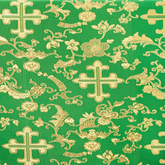 Church Cross—Brocade Fabric—Liturgical Elegance—Kelly Green|Gold—40% Nylon, 34% Polyester, 26%—58"-Inche Wide—Sold by the Yard—Available for Nationwide Shipping.